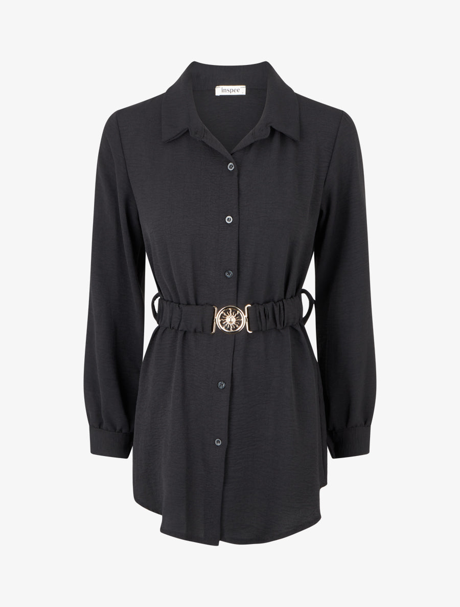 Chemise unie à ceinture élastiquée - Noir - 1