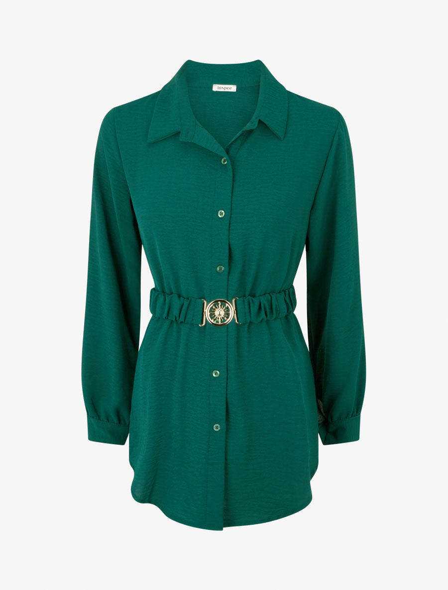 Chemise unie à ceinture élastiquée - Vert sapin - 1