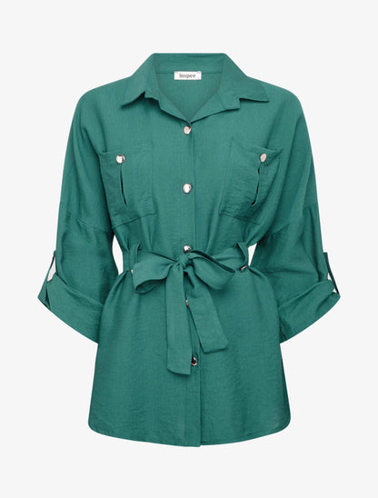 Chemise fluide ceinturée - Vert foncé - 1