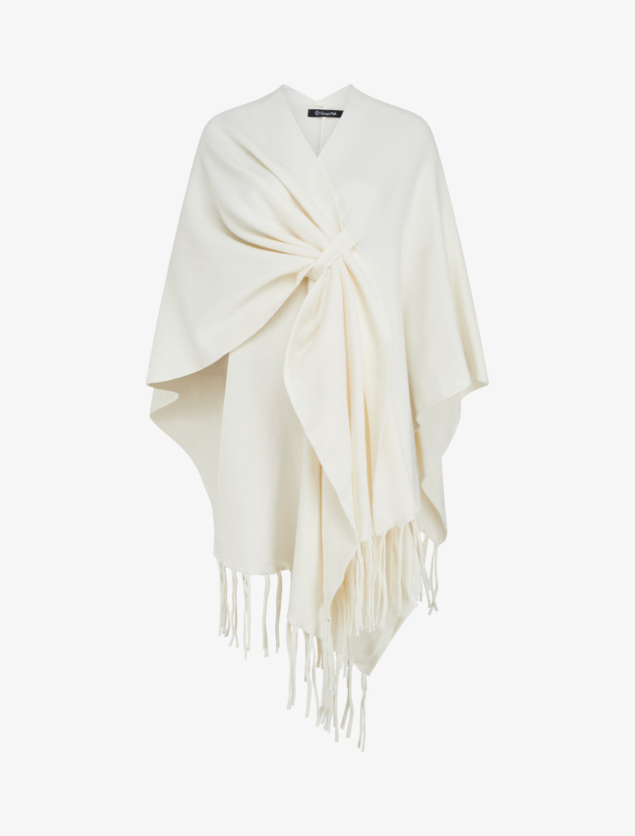 Poncho long uni à franges - Écru - 1