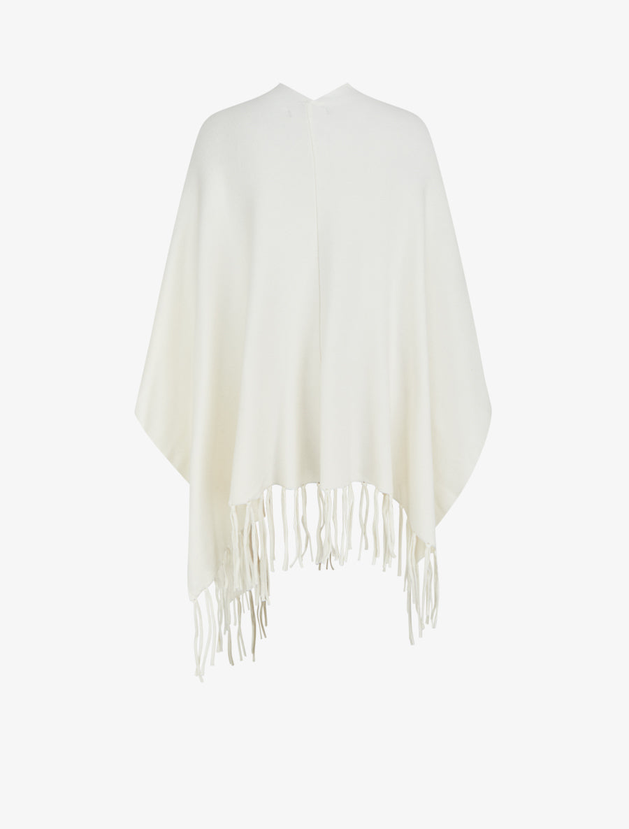 Poncho long uni à franges - Écru - 2