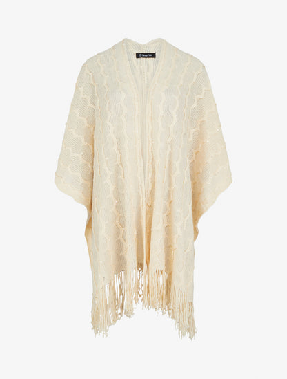 Poncho mi-long uni à franges et sequins - Beige - 1