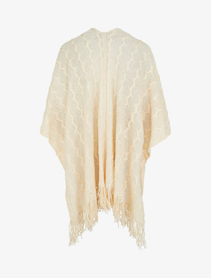 Poncho mi-long uni à franges et sequins - Beige - 2