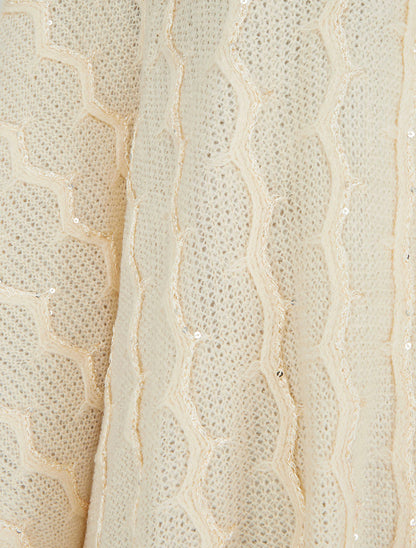 Poncho mi-long uni à franges et sequins - Beige - 3