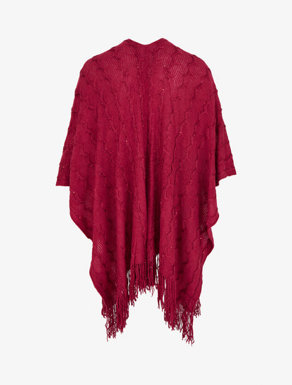 Poncho mi-long uni à franges et sequins - Lie de vin - 2
