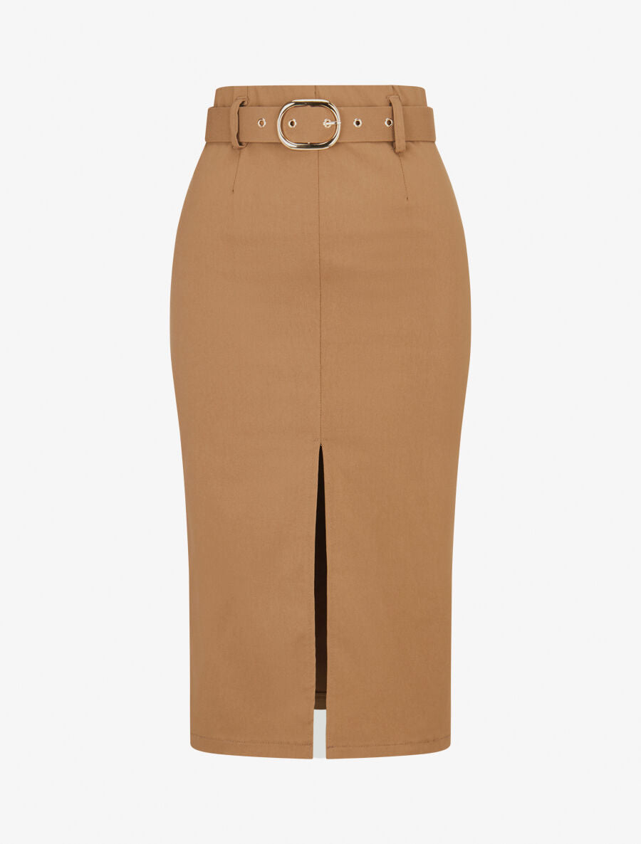 Jupe droite fendue - Camel - 1