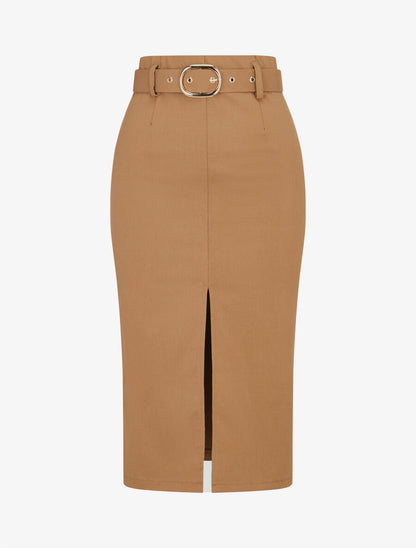 Jupe droite fendue - Camel - 1