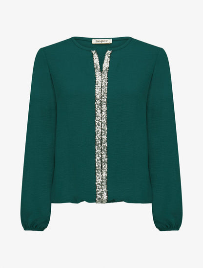 Blouse fluide à bande en sequins - Vert sapin - 1
