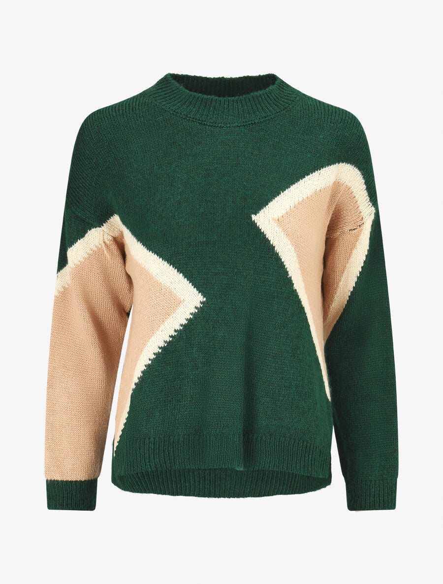 Pull imprimé géométrique et col rond - Vert sapin - 1