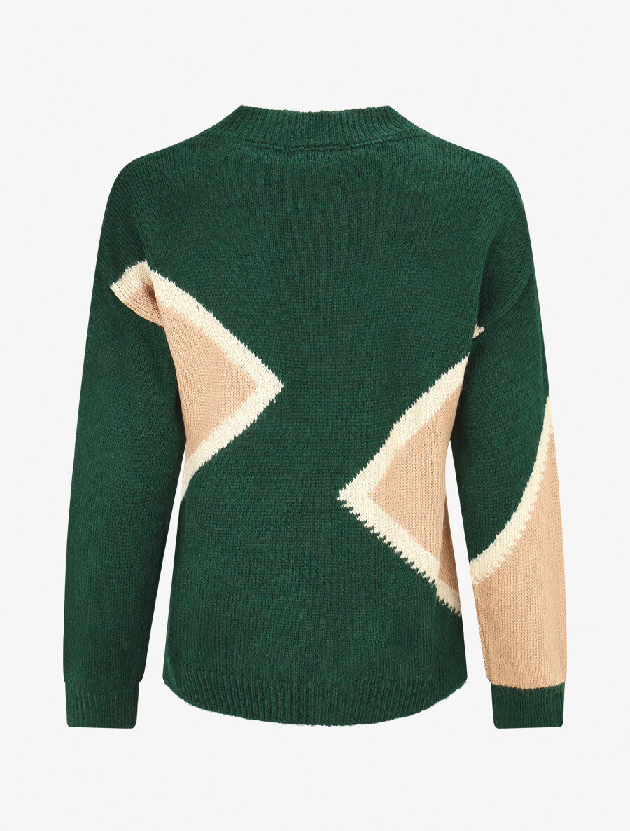 Pull imprimé géométrique et col rond - Vert sapin - 2