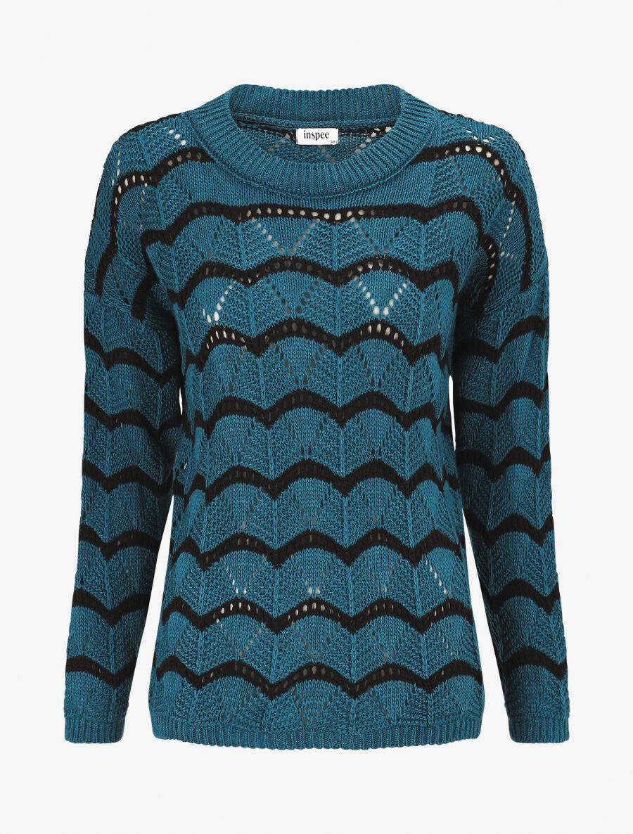 Pull ajouré à vagues stylisées - Bleu pétrole - 1