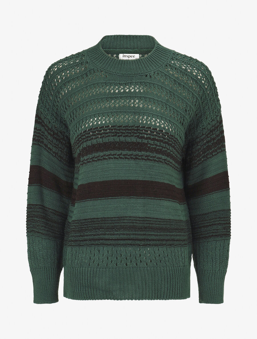 Pull en maille ajourée et rayures - Vert forêt - 1
