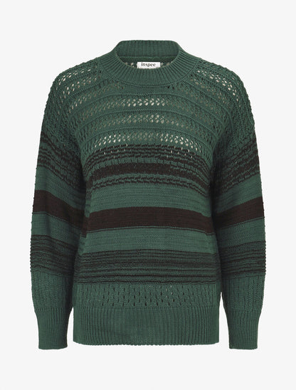 Pull en maille ajourée et rayures - Vert forêt - 1