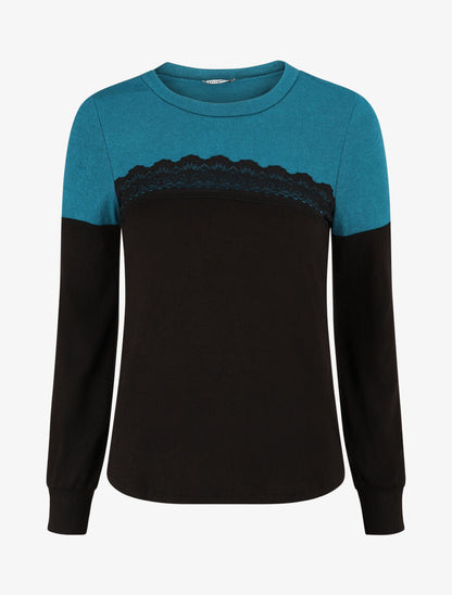 Pull fin et bande en dentelle - Bleu canard - 4