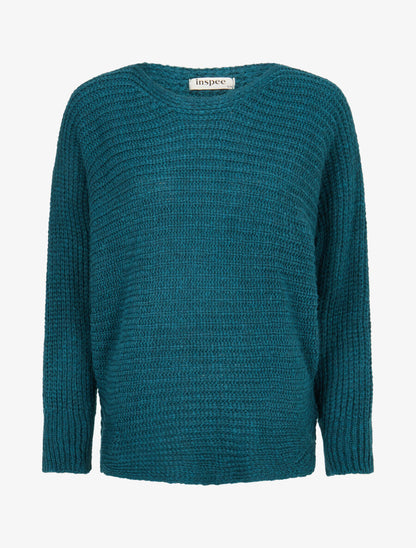 Pull dolman en grosse maille côtelée - Bleu lagon - 1