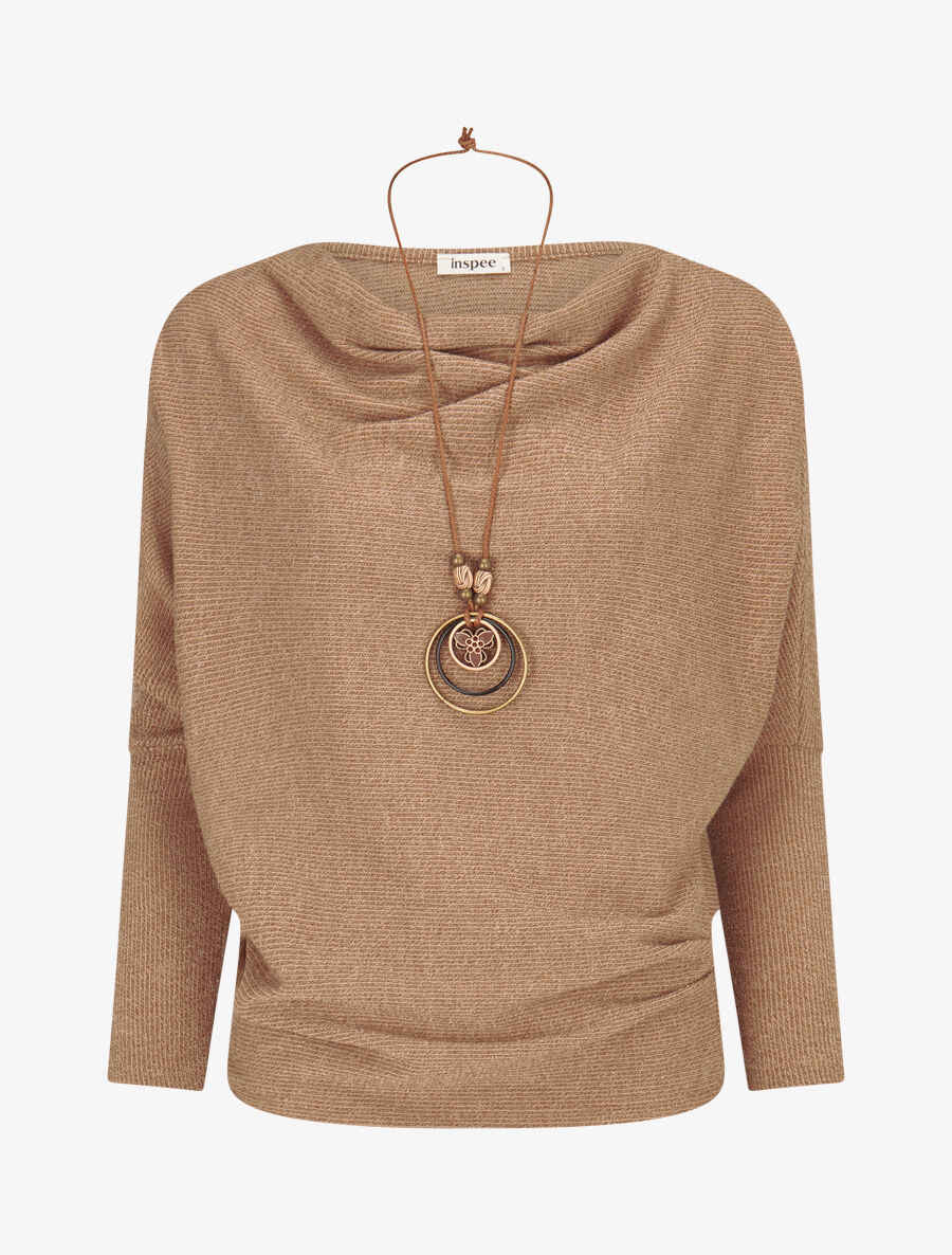 Pull côtelé avec sautoir - Taupe - 1