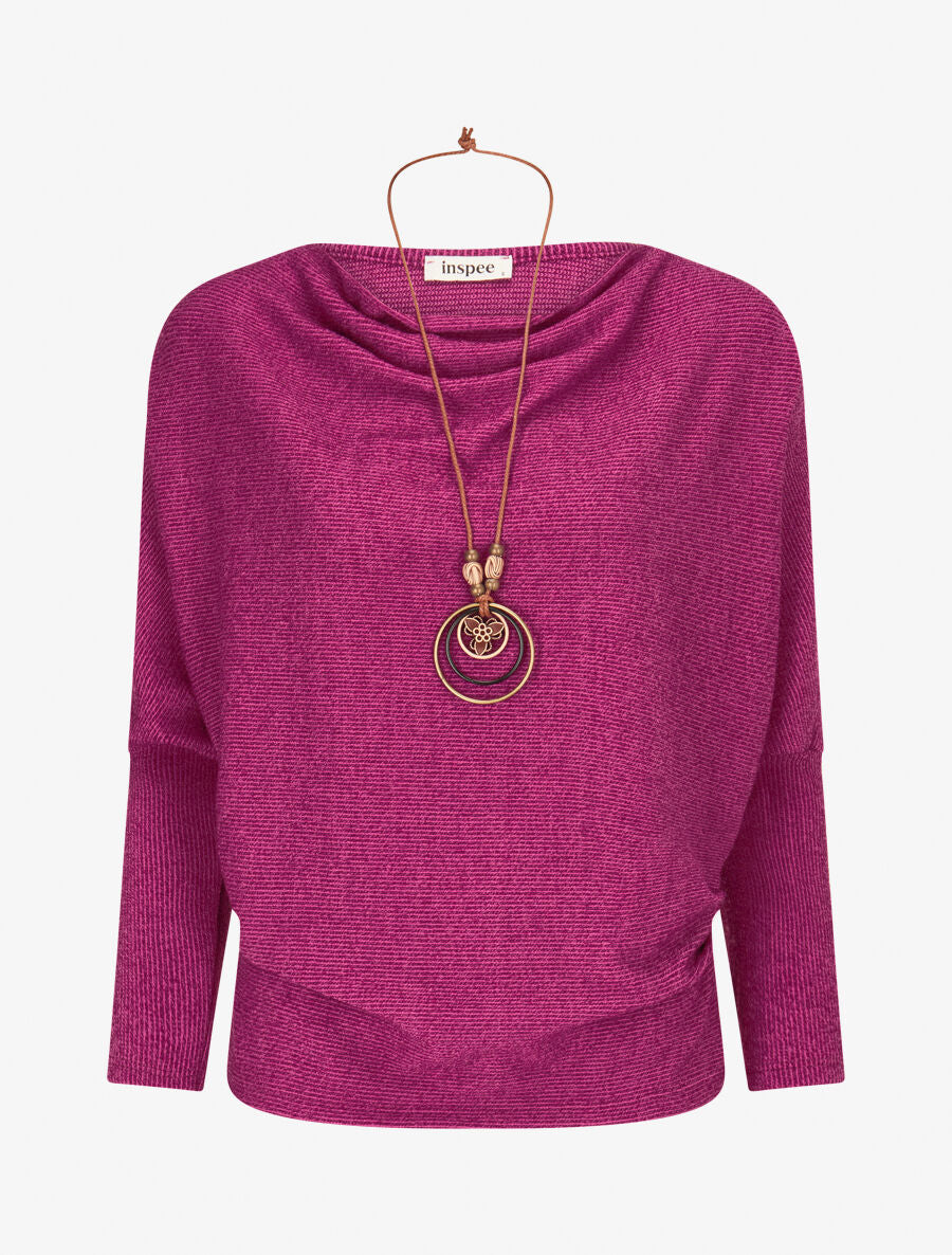 Pull côtelé avec sautoir - Fushia - 5