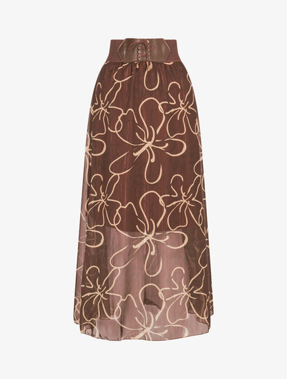 Jupe longue en voile à fleurs dessinées - Marron - 1