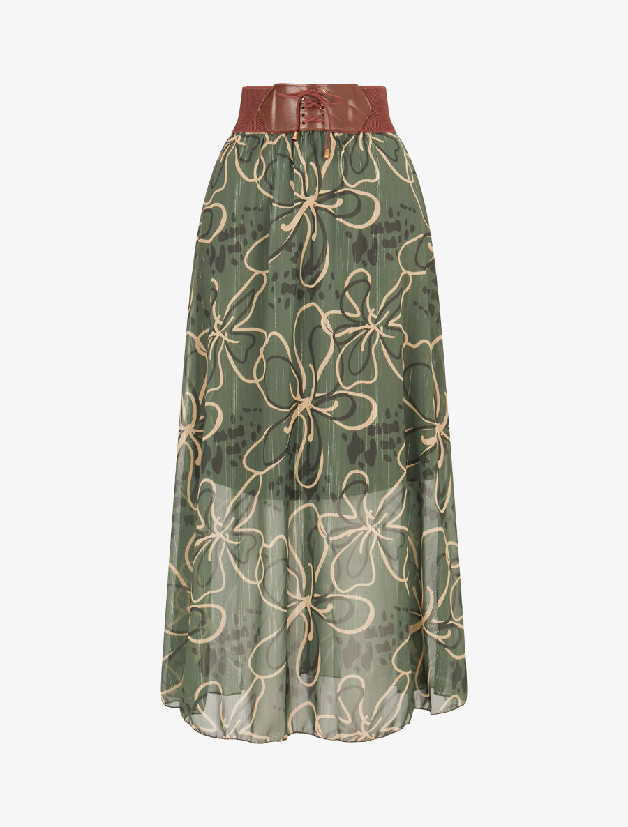 Jupe longue en voile à fleurs dessinées - Vert - 5