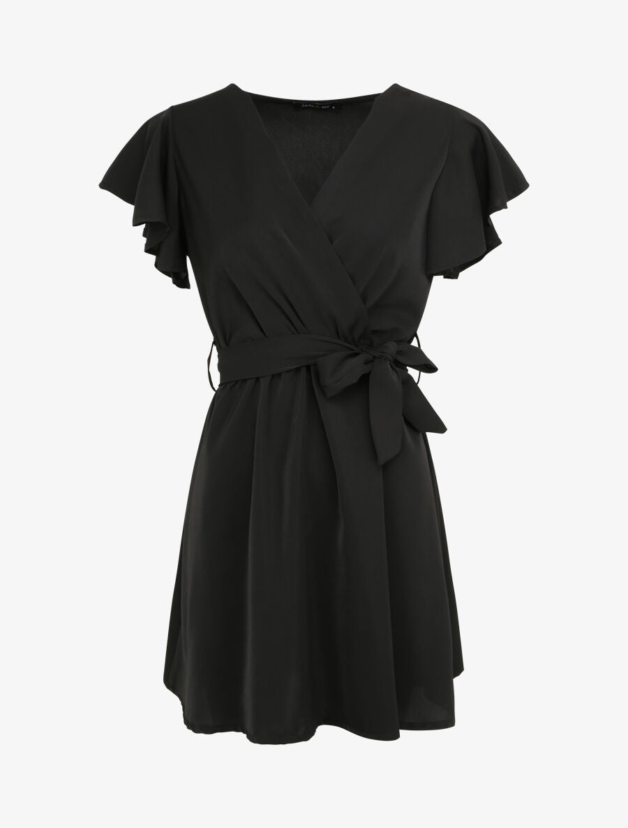 Robe patineuse courte à manches courtes volantées - Noir - 1
