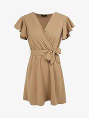 Robe patineuse courte à manches courtes volantées - Beige - 4