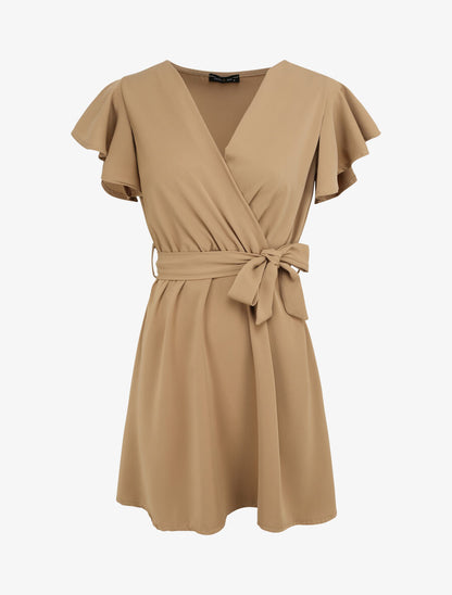 Robe patineuse courte à manches courtes volantées - Beige - 4