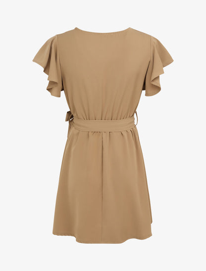 Robe patineuse courte à manches courtes volantées - Beige - 2
