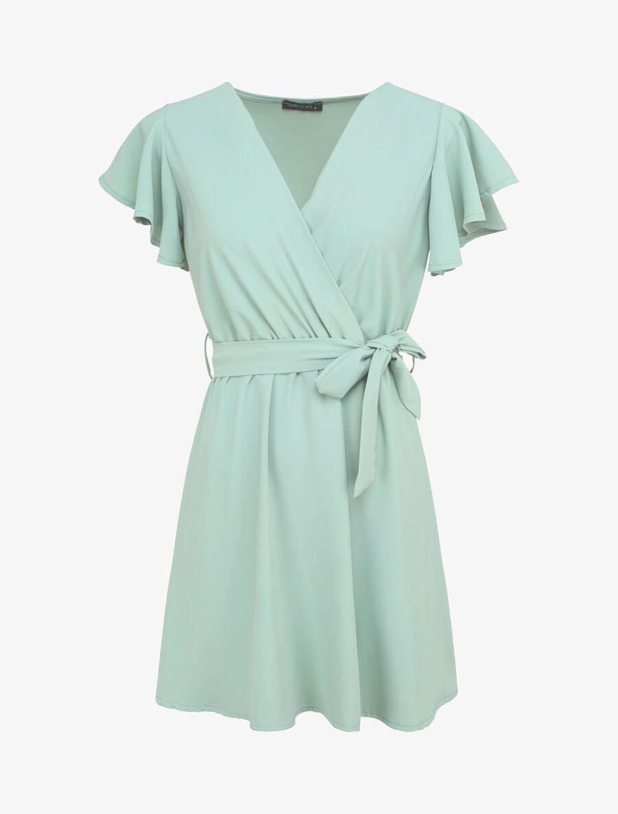 Robe patineuse courte à manches courtes volantées - Vert d&