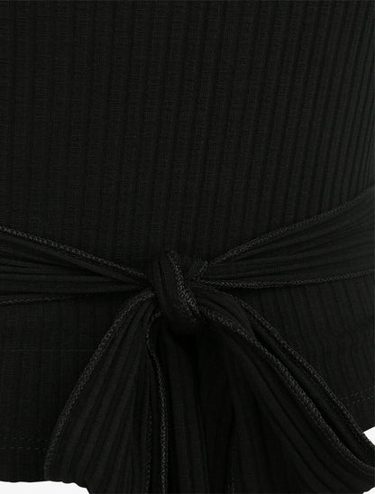 Top côtelé à ceinture à nouer - Noir - 3