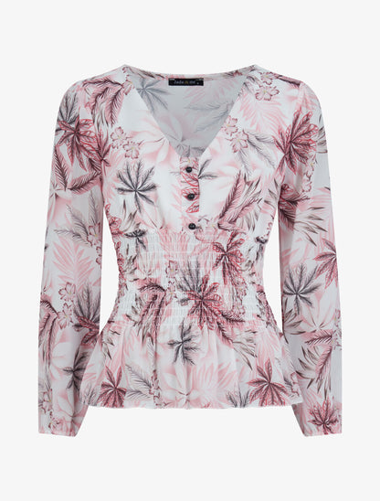 Top élastiqué imprimé tropical - Rose - 1