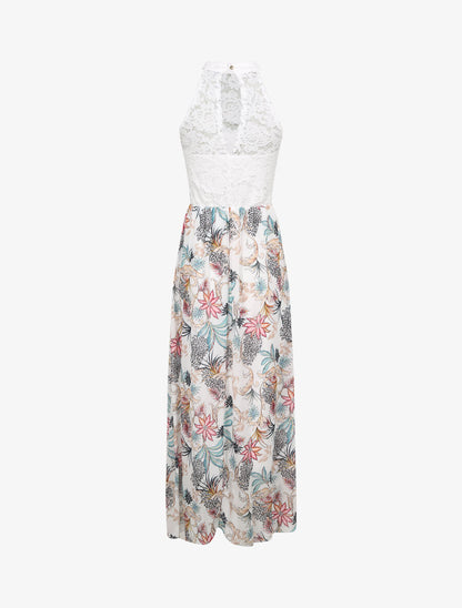 Robe longue imprimé fleurs baroques et buste en dentelle - Blanc - 2