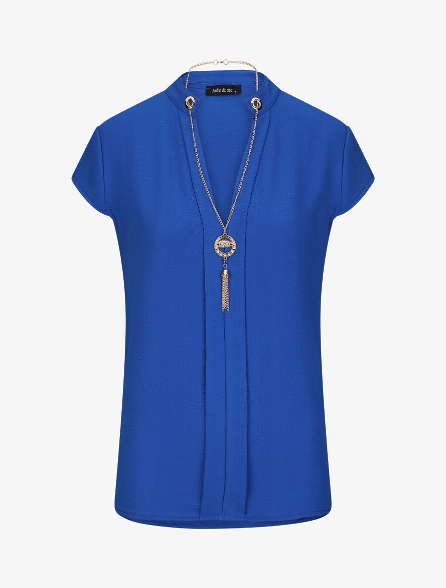 Top droit uni à col V bijou - Bleu électrique - 1
