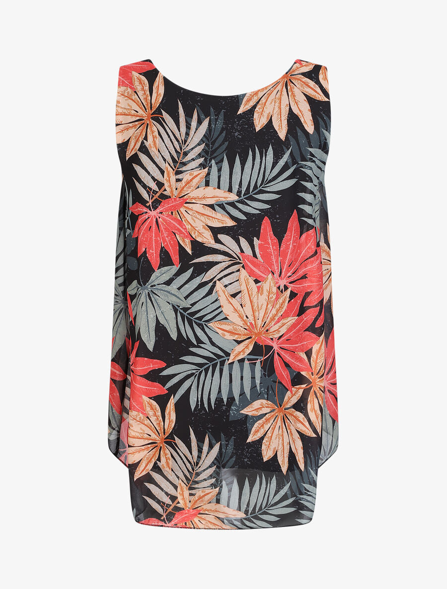 Top évasé sans manches imprimé feuilles d&