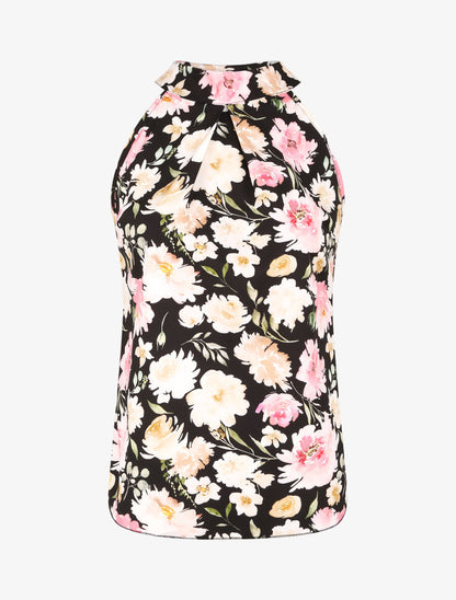 Top à col américain imprimé pivoines style aquarelle - Noir - 4