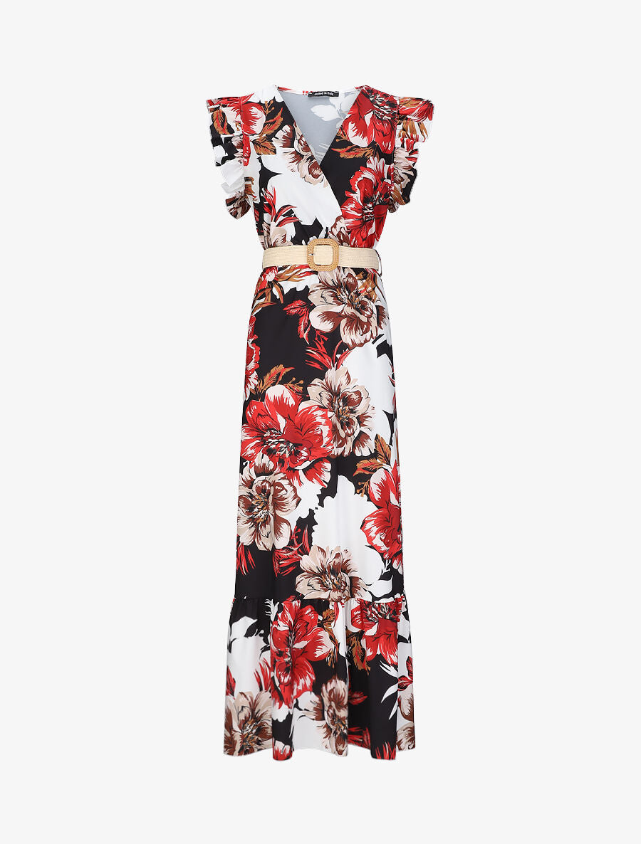 Robe longue à imprimé tropical et manches volantées - Noir - 1