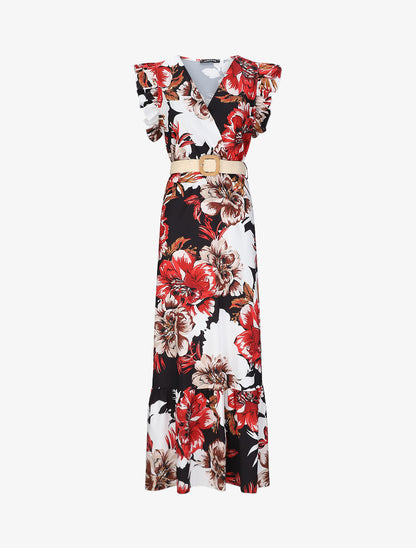 Robe longue à imprimé tropical et manches volantées - Noir - 1