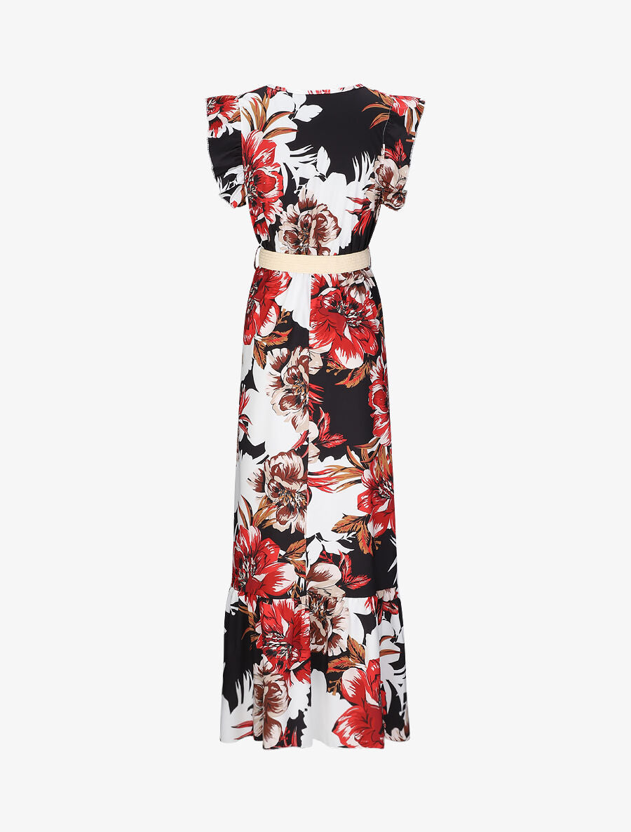 Robe longue à imprimé tropical et manches volantées - Noir - 2