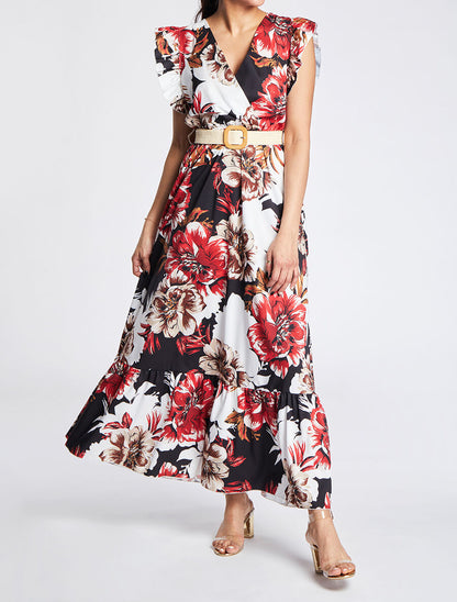 Robe longue à imprimé tropical et manches volantées - Noir - 4