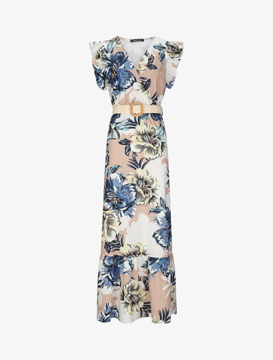Robe longue à imprimé tropical et manches volantées - Camel - 1