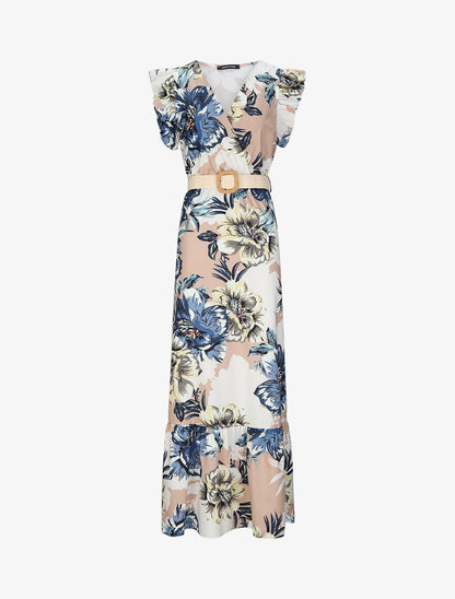 Robe longue à imprimé tropical et manches volantées - Camel - 1