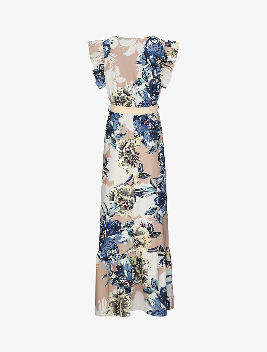 Robe longue à imprimé tropical et manches volantées - Camel - 2
