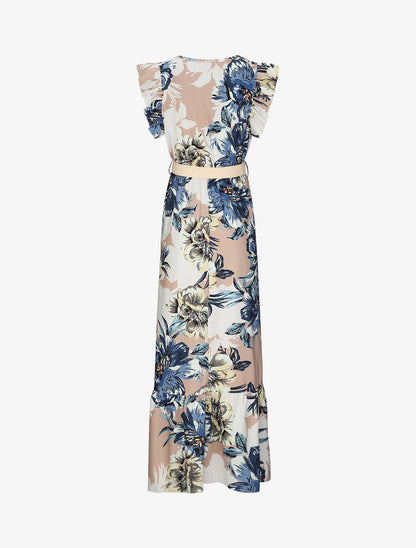 Robe longue à imprimé tropical et manches volantées - Camel - 2