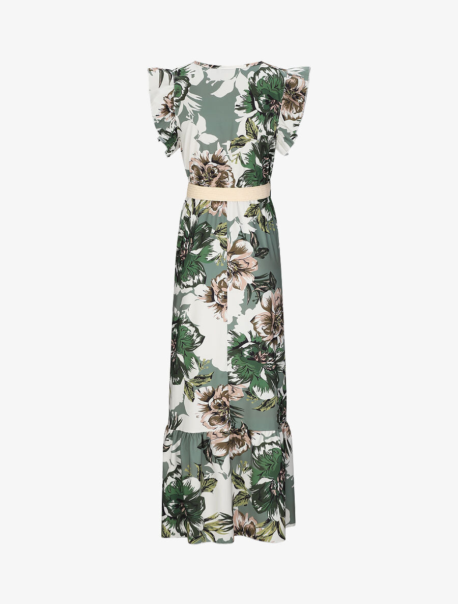 Robe longue à imprimé tropical et manches volantées - Kaki - 2