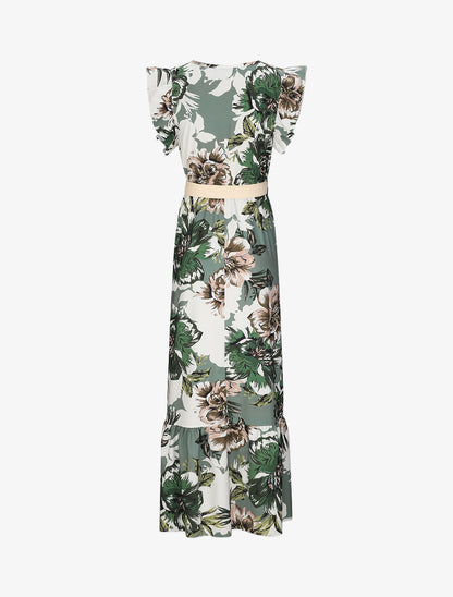 Robe longue à imprimé tropical et manches volantées - Kaki - 2
