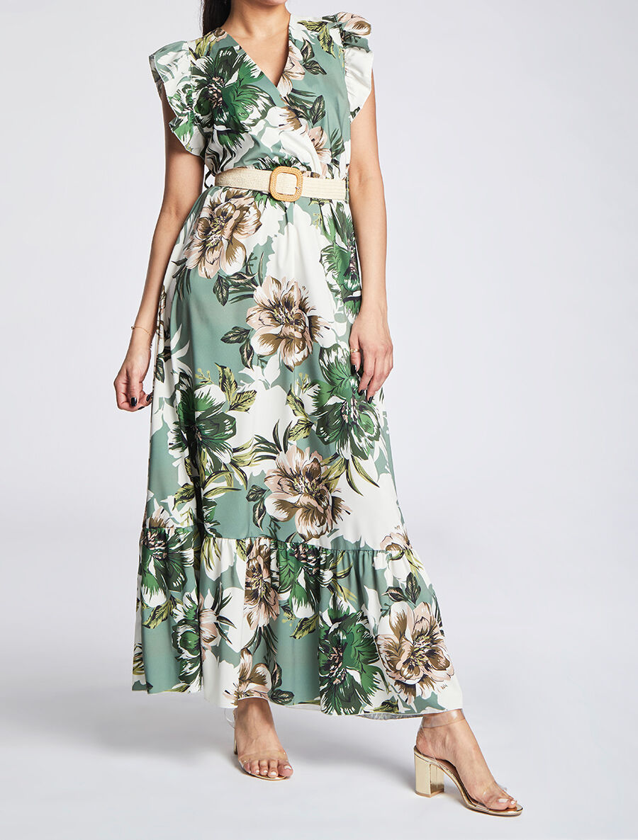 Robe longue à imprimé tropical et manches volantées - Kaki - 4