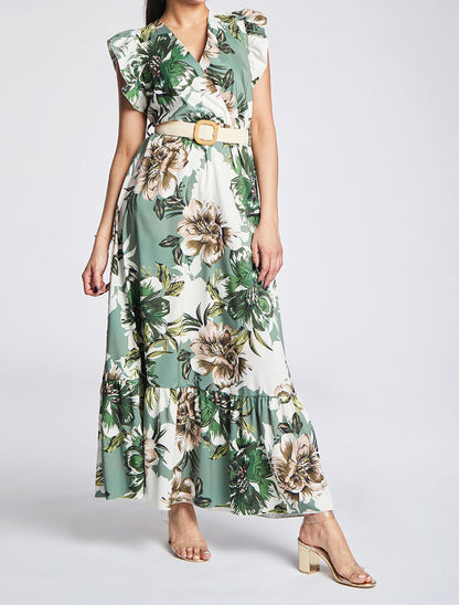 Robe longue à imprimé tropical et manches volantées - Kaki - 4