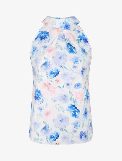 Top à col américain imprimé pivoines style aquarelle - Bleu - 4