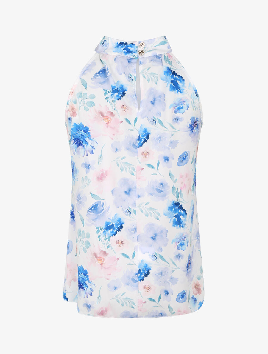Top à col américain imprimé pivoines style aquarelle - Bleu - 2