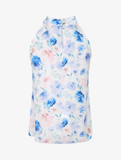 Top à col américain imprimé pivoines style aquarelle - Bleu - 2