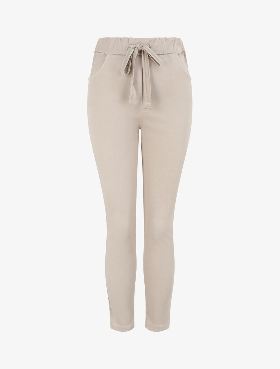 Pantalon slim uni à taille haute élastiquée - Beige - 4
